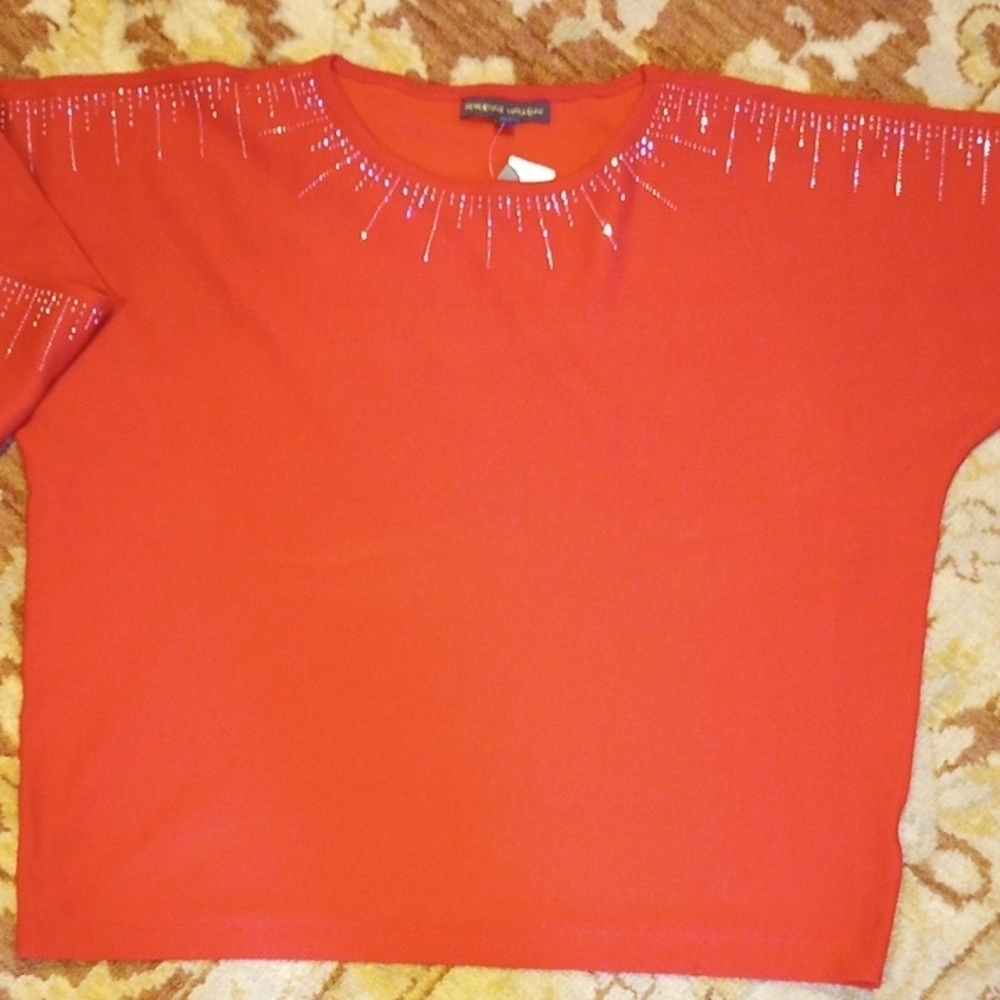 Adrienne Vittadini Vibrant Red Crew Neck Sweater with Bling!! - Picture 3 of 8